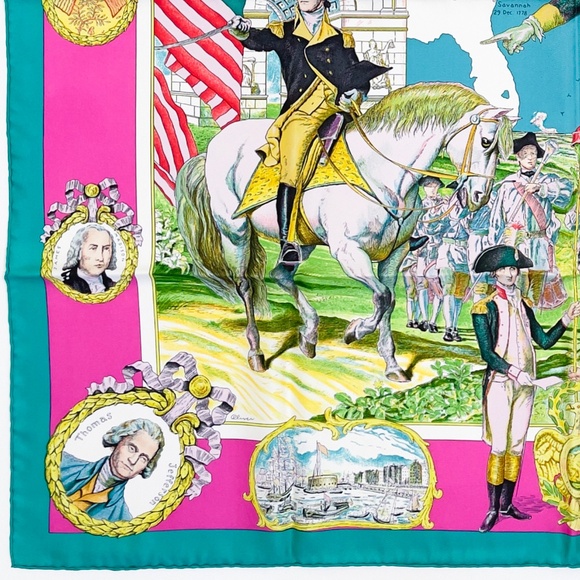 Collectible NWT Hermes Scarf Carré 90 "Marquis de Lafayette" in Turquoise/Pink - Picture 10 of 11
